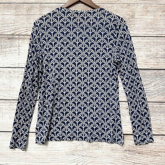 Tory Burch Silk Long Sleeve Top Women’s M Navy White Geometric Print Lightweight - Picture 2 of 11